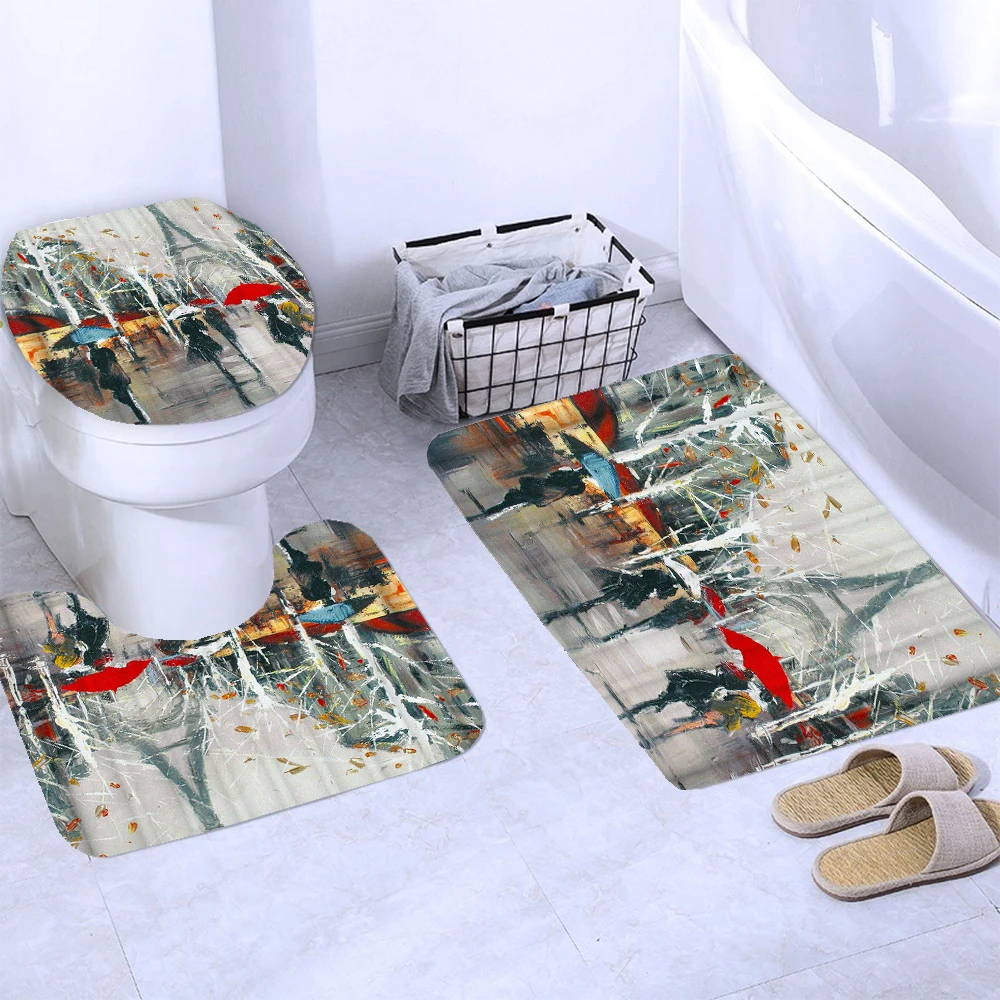 Paris Tower Shower Curtain Set Durable Non-slip Carpet Bath Mats Toilet Cover Printed Fabric Scenery Bathroom Curtains Decorate