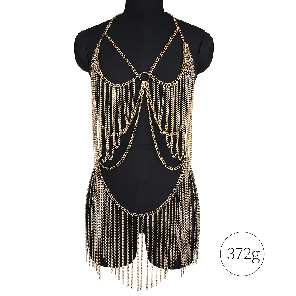 Sexy Women Metal Tassel Bling Body Chain Suit Chest Chain Gothic Punk Fashion Girl Festival Jewelry Accessories Club Outdoor