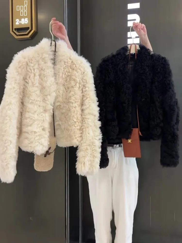 Casaco Feminino Americano Retrô de Couro e Pele de Cordeiro, Novo Lançamento de Inverno Ele Aosphere