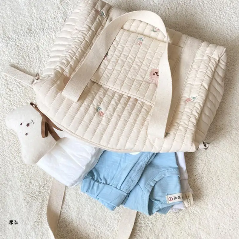 D0UD Cotton Baby Diaper Bag with Embroidery Bear Rabbit Pattern