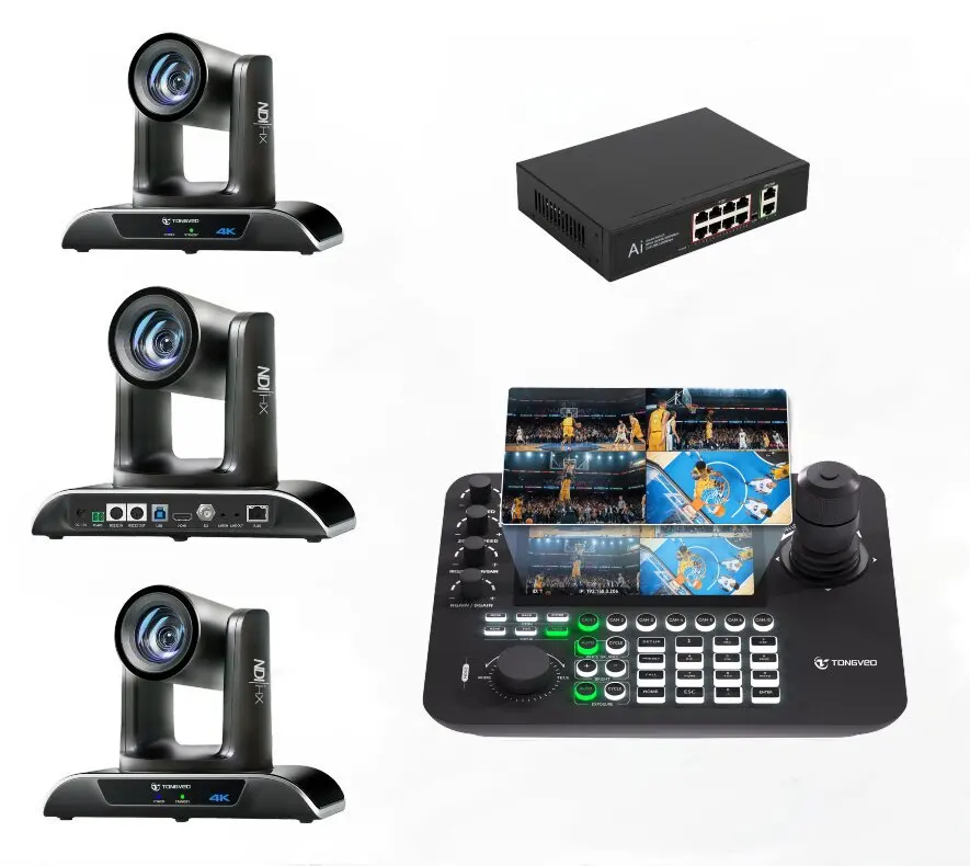 USD2006 Free Ship Full Kit=3pcs 30X Zoom 4K AI Tracking HD-M1 USB SDI LAN PTZ Camera+ 1pcs Joystick Controller+1pcs PoE Switch