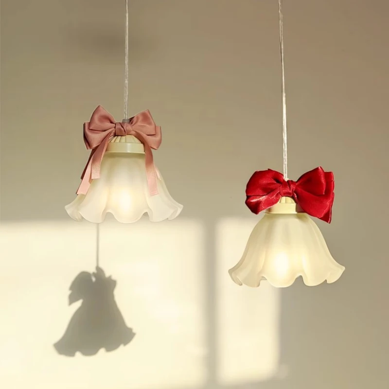 

Pink Princess Room Bedside Chandeliers Cute Bow Lamps Romantic Warm Nursery Little Girl Bedroom Decor Chandelier Frosted Glass