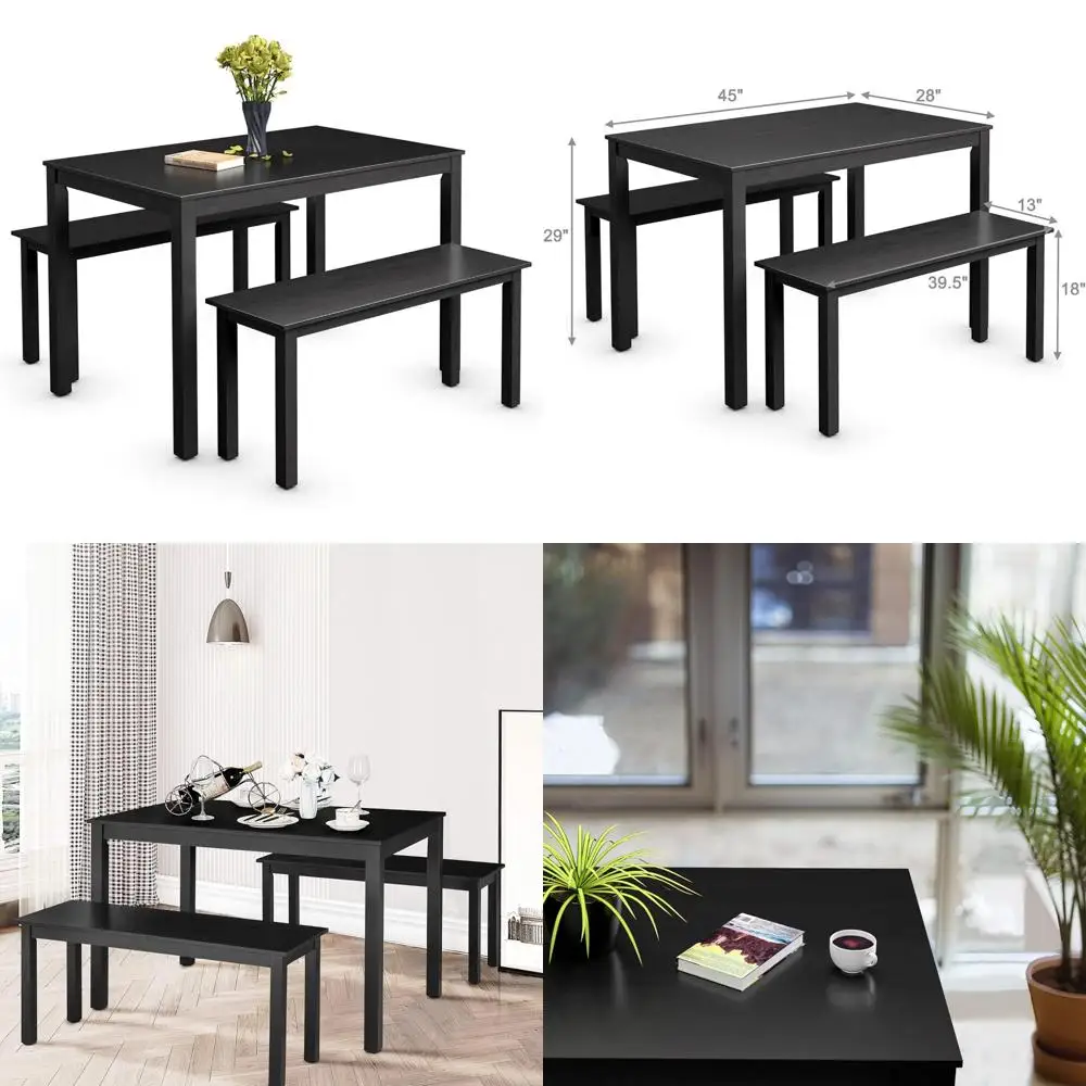 Modern Wooden 3-Piece Dining Set for 4, Kitchen Table with Benches, Contemporary Studio-Style Furniture Collection