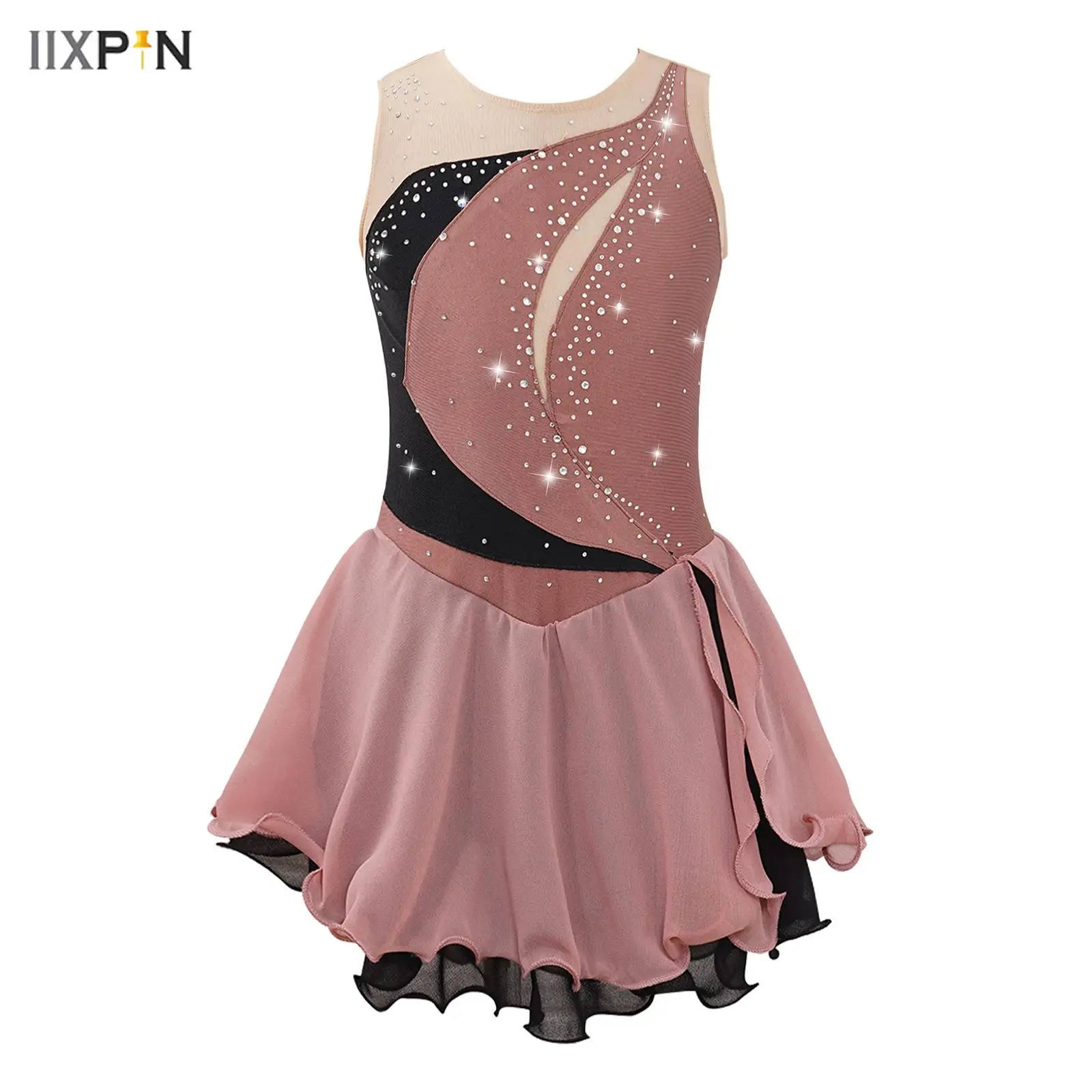 

Kids Girls Chiffon Ballet Dance Dress Sleeveless Shiny Rhinestones Ruffle Dress Gymnastics Figure Skating Performance Dancewear