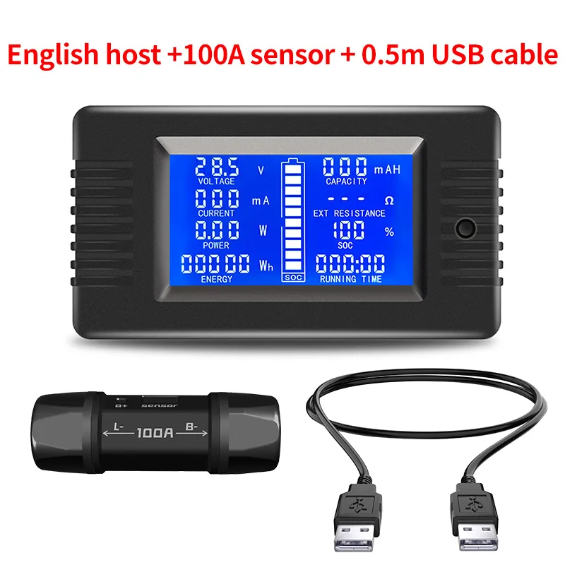 DC 0-200V 100A 0.5m USB Battery Capacity Tester Voltage Current Power Energy Watt Kwh Meter LCD Digital Voltmeter Ammeter