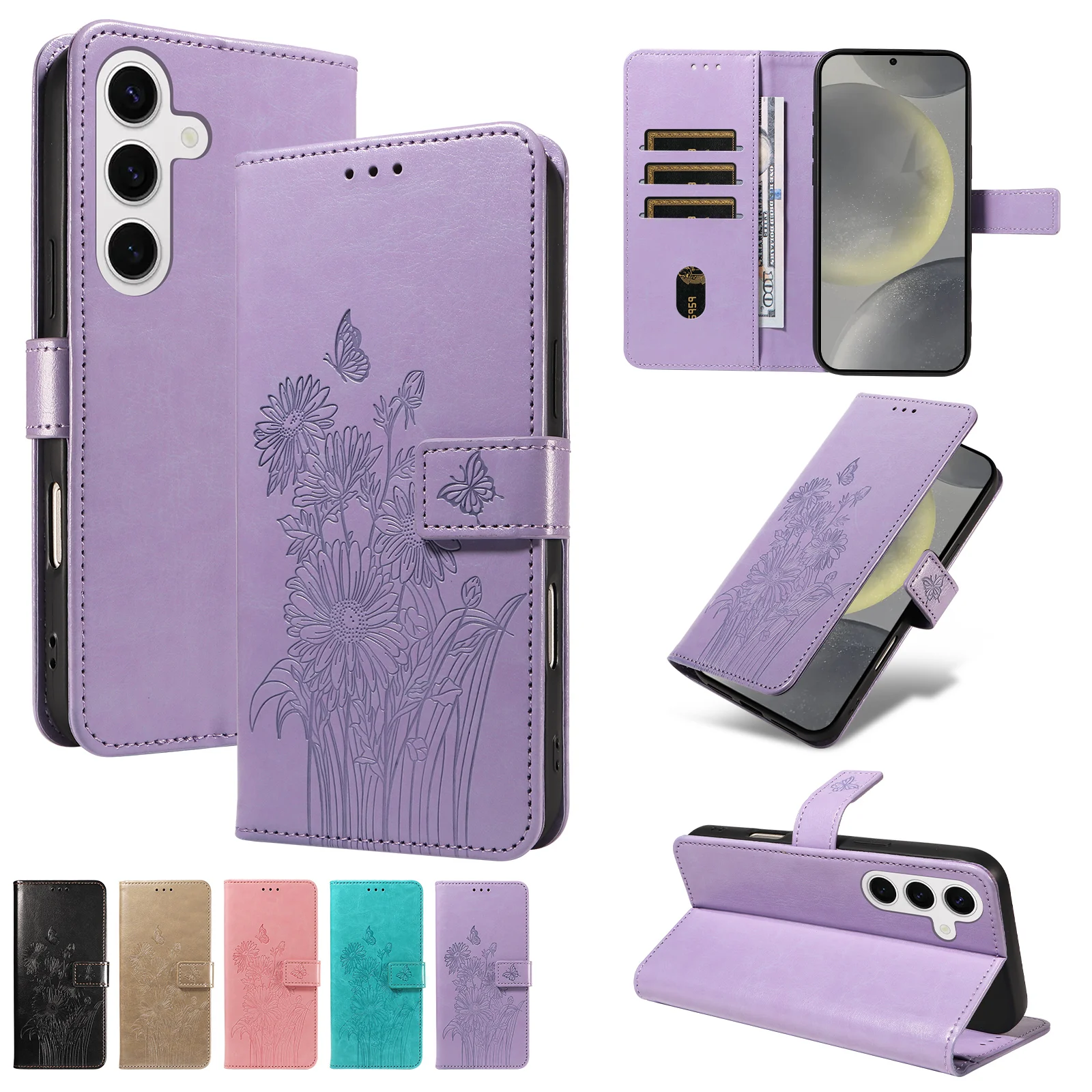 Embossed Flip Card Slot Protective Case for Samsung S26/S25/S24/S23/S22/S21/S20Fe Faux Leather Wallet-Style Phone Case