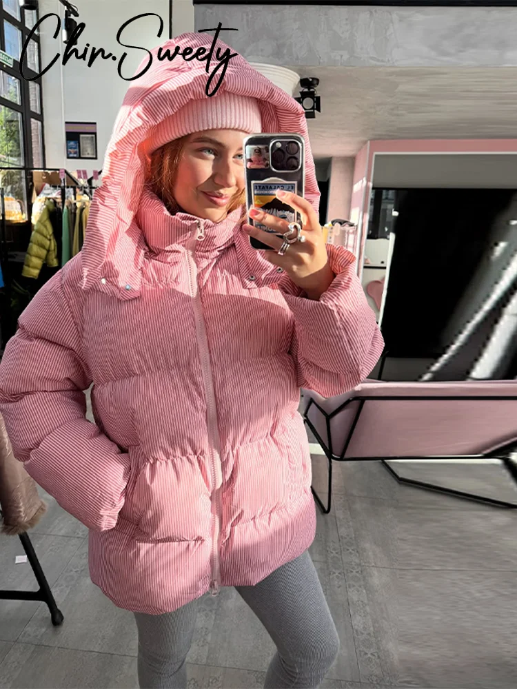 Cappotto in cotone addensato da donna con stampa casual Elegante cerniera a maniche lunghe Tasca con cappuccio Giacca femminile 2025 Inverno Chic Lady Outwear Nuovo