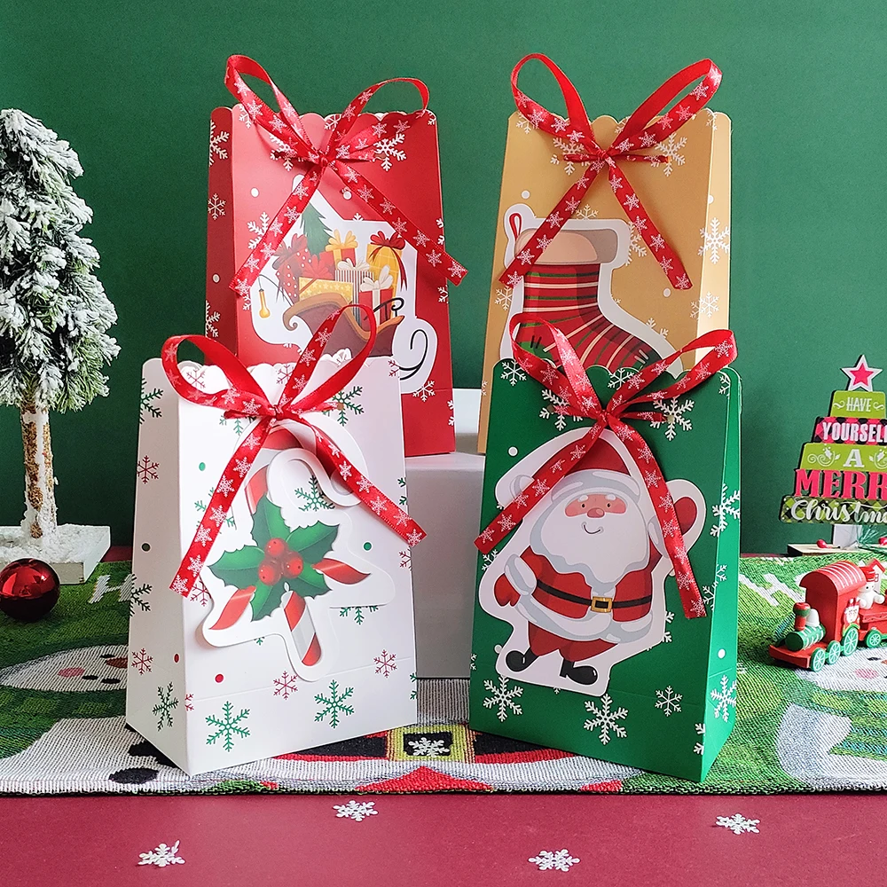 4Pcs Merry Christmas Paper Gift Bag Santa Claus Candy Cookie Pouch Gift Wrapping Xmas Gift Hand Bag for Christmas Party Supplies