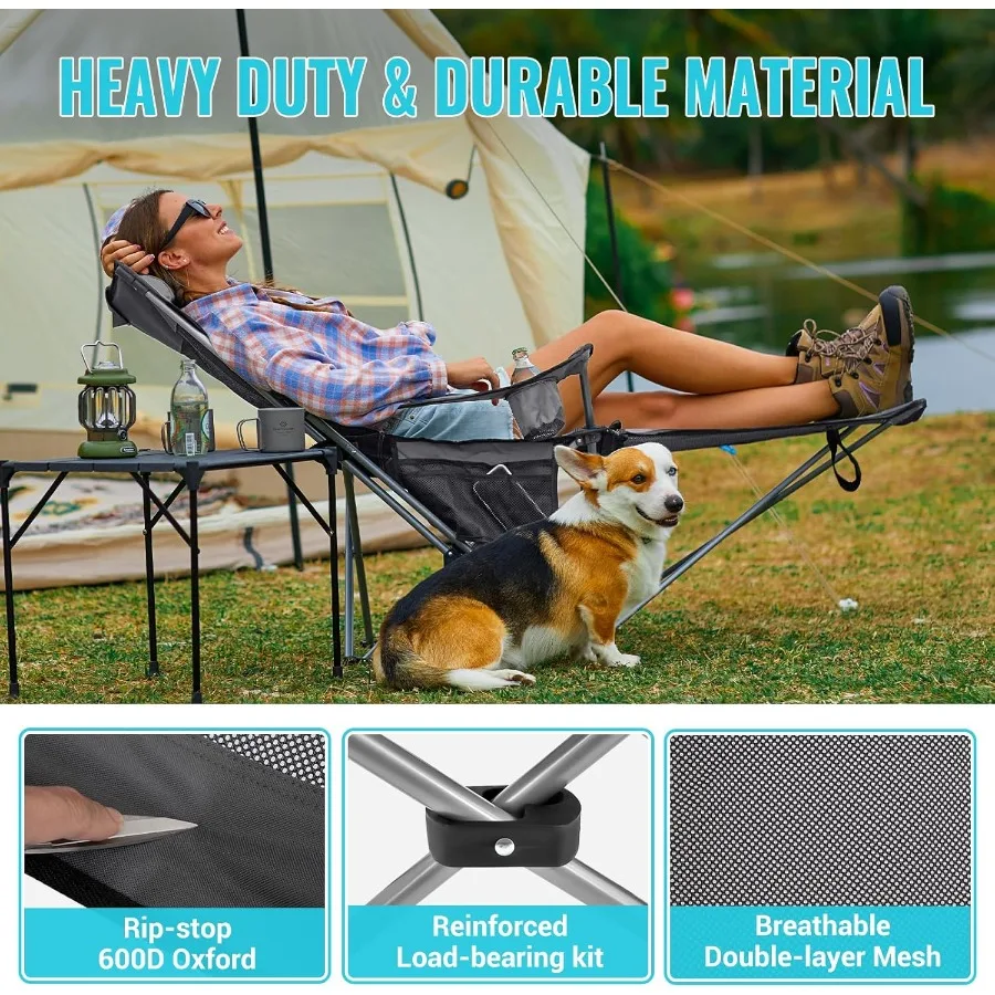 كرسي تخييم 2 في 1 مع مسند للقدمين للبالغين كرسي صالة قابل للطي مع مسند ظهر قابل للتعديل خفيف الوزن وشديد التحمل #6