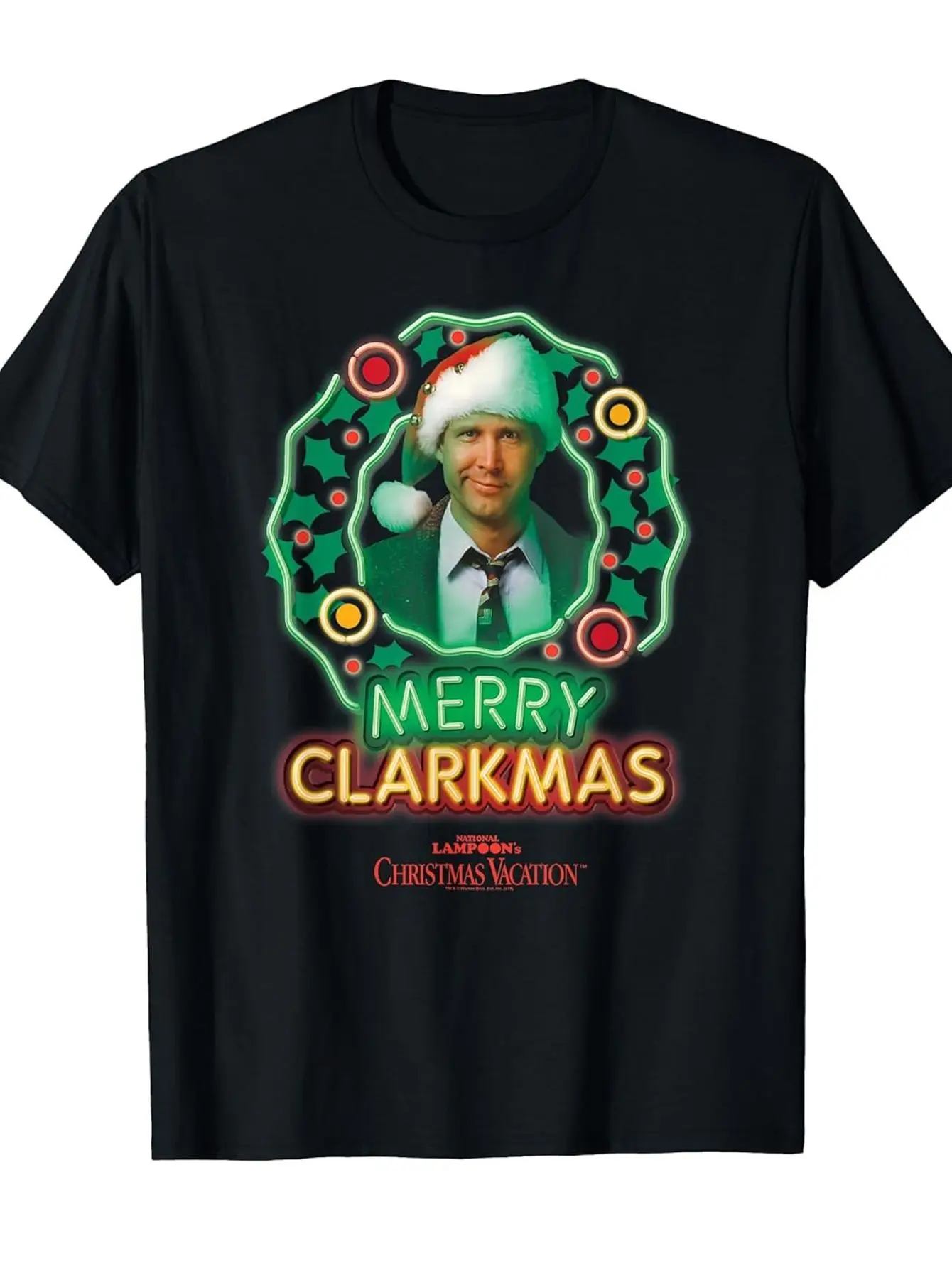 Men's Christmas Holiday Clark Neon T-shirt  Retro 1980s Film Design Featuring Clark's Iconic Face and The Words 