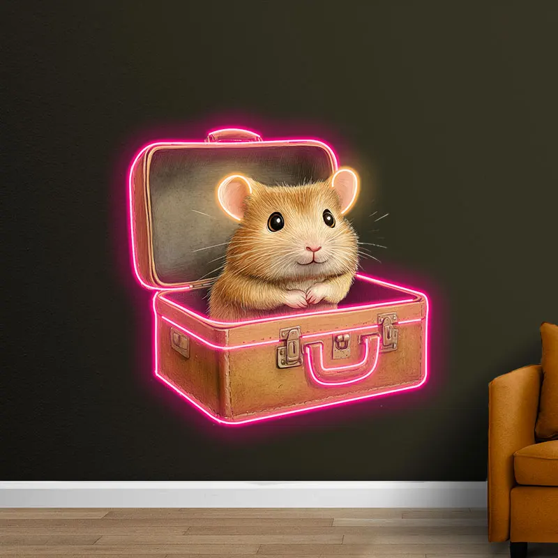 Toysign Custom Neon Sign, Hamster in Neon-Glowing Suitcase Art - Cute and Unique LED Poster for Travel-Themed Decor or Kids Room