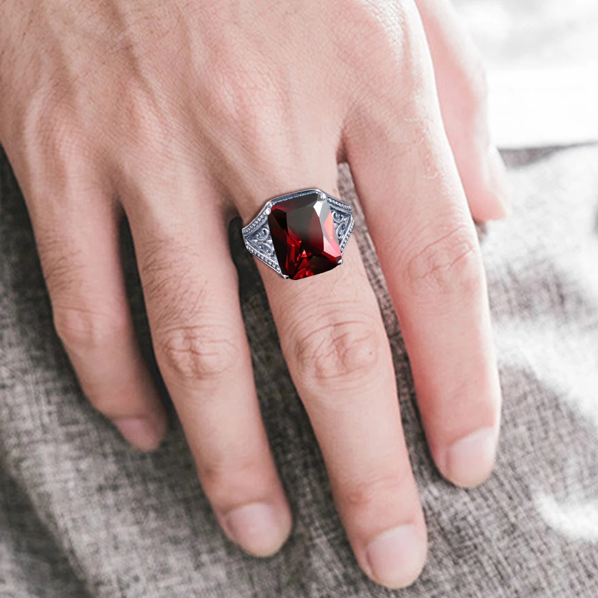 100% 925 Sterling Silver Garnet Mens Rings With Stone 12*16mm Rectangle Big Vintage Byzantine Jewelry Gifts For Men