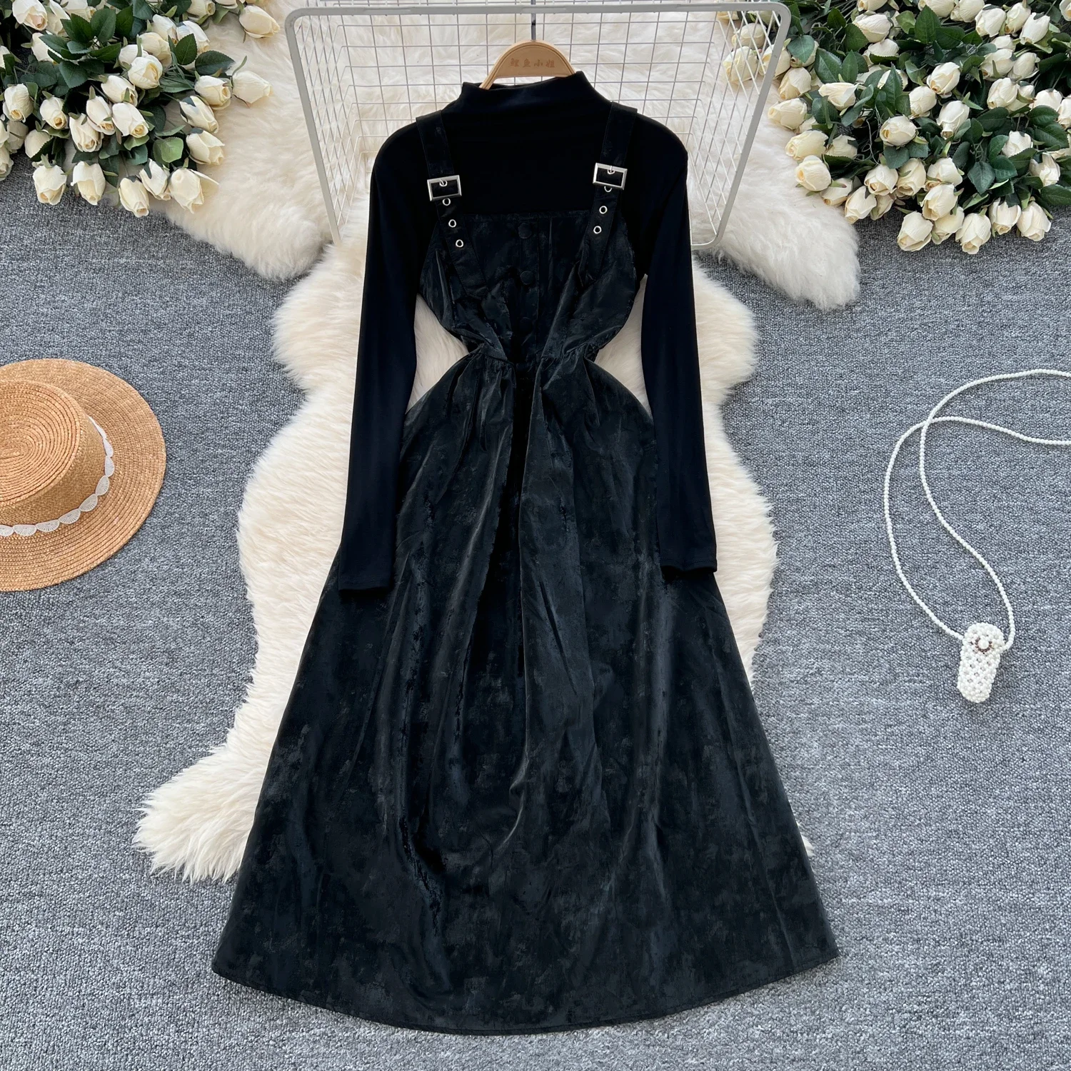 Chic Women Two-Piece Sets Vintage Long Sleeve Half High Collar Top and Straps Dresses Korean Fashion Winter High Street Clothing