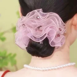 Pink Purple Large Organza Large Intestine Crystal Flower Hairband Rubber Headband Head Rope Hair Accessories  Elastic Hair Bands