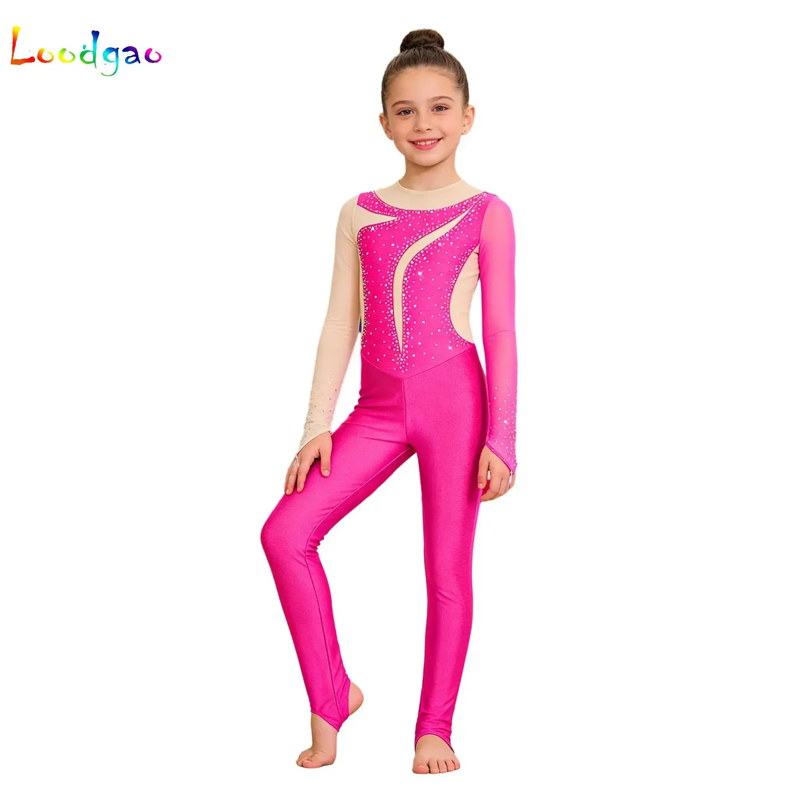 

Детский гимнастический купальник с длинным рукавом для девочек, для акробатики, гимнастики, балета, танцевальных выступлений, комбинезон с ушками для ног