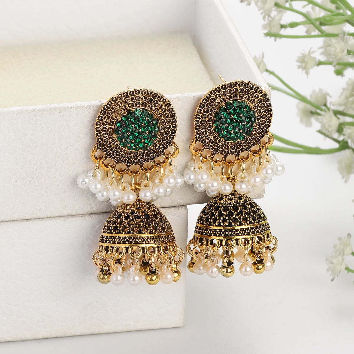Ethnic Crystal Gold Color Earrings Women\'s Indian Jewelry Fashion Pearl Tassel Round Bell Drop Earrings Wedding Party Gift