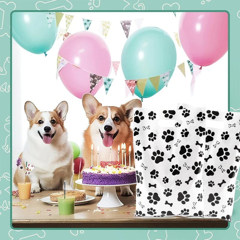 10/20/50 Stück Hundepfoten, schwarz-weiße Geschenktüten mit Griff – Kunststoff-Tier-Thema, Party-Dekoration, Süßigkeiten-Goodie-Beutel für Haustier-Leckereien – Detail 5