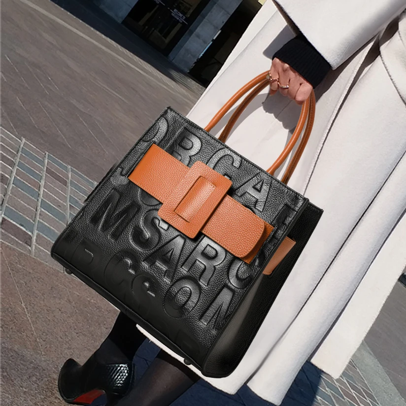 Aidrani Ladies Cowhide Leather Handbag, Letter Embossed Tote Bag, Colorblock Top Handle Shoulder Bag for Work & Dating