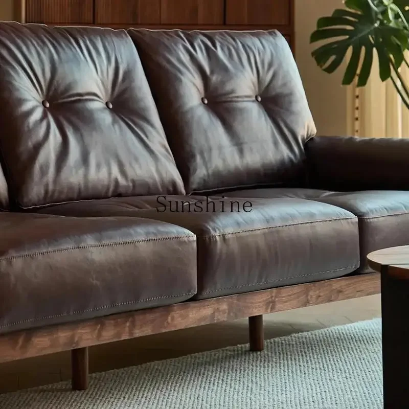 New Chinese-style walnut sofa office three people straight row leather art leisure reception living room modern and simple  FT