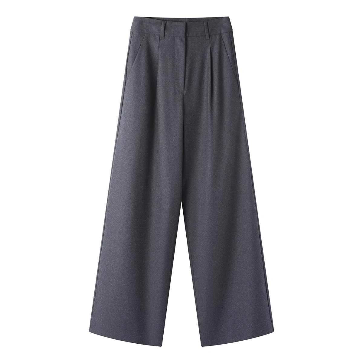 KL9523416 بنطال عالي الخصر واسع الساق من مزيج الصوف للنساء بنطال أمامي مطوي مع جيب #5