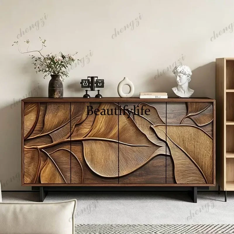 QQ All solid wood old elm porch cabinet handmade relief side cabinet retro locker living room