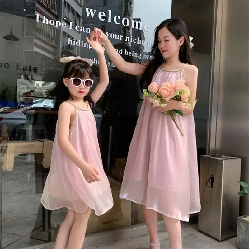 Mom and Girls Vacation Chiffon Dress Like Mother Like Daughter Clothes Holiday 2025 Summer Mommy and Me Matching Equal Dresses