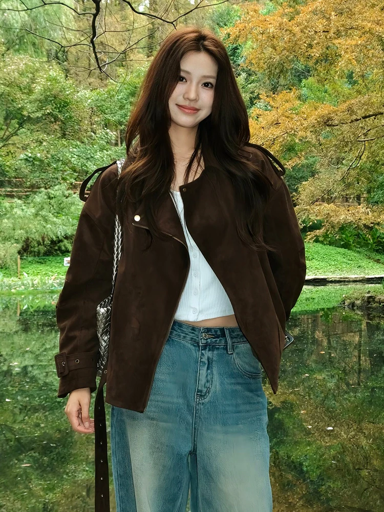 Women's Suede Jaet Loose Fit Turn-down Collar Workwear Coat American Retro Sle Autumn Winter Casual Outerwear