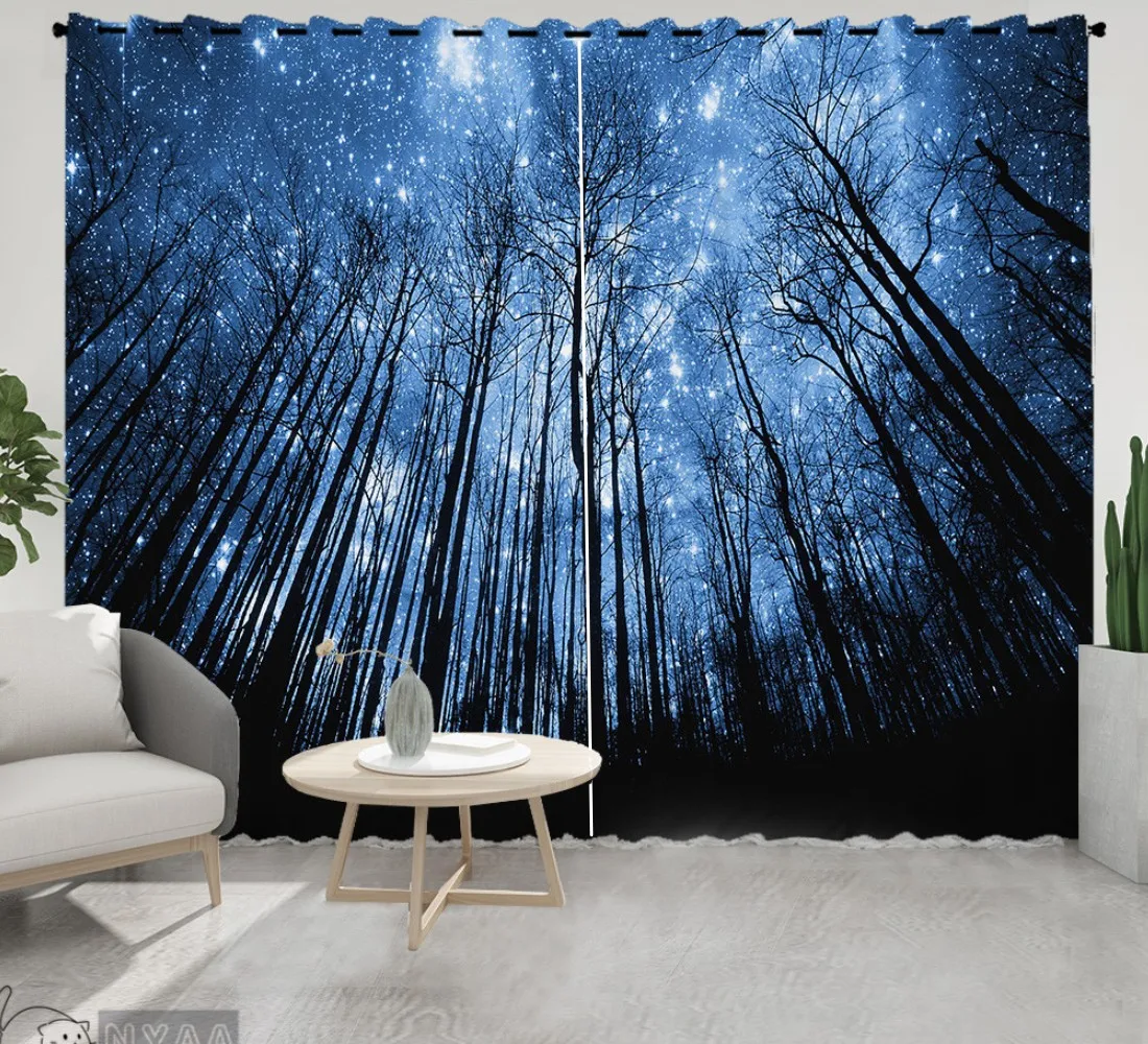 

2PCS Starry Sky Moon Stars Beautiful Trees Cloth Curtains for Living Room Decor Kitchen Bedroom Curtain Semi Blackout cortinas