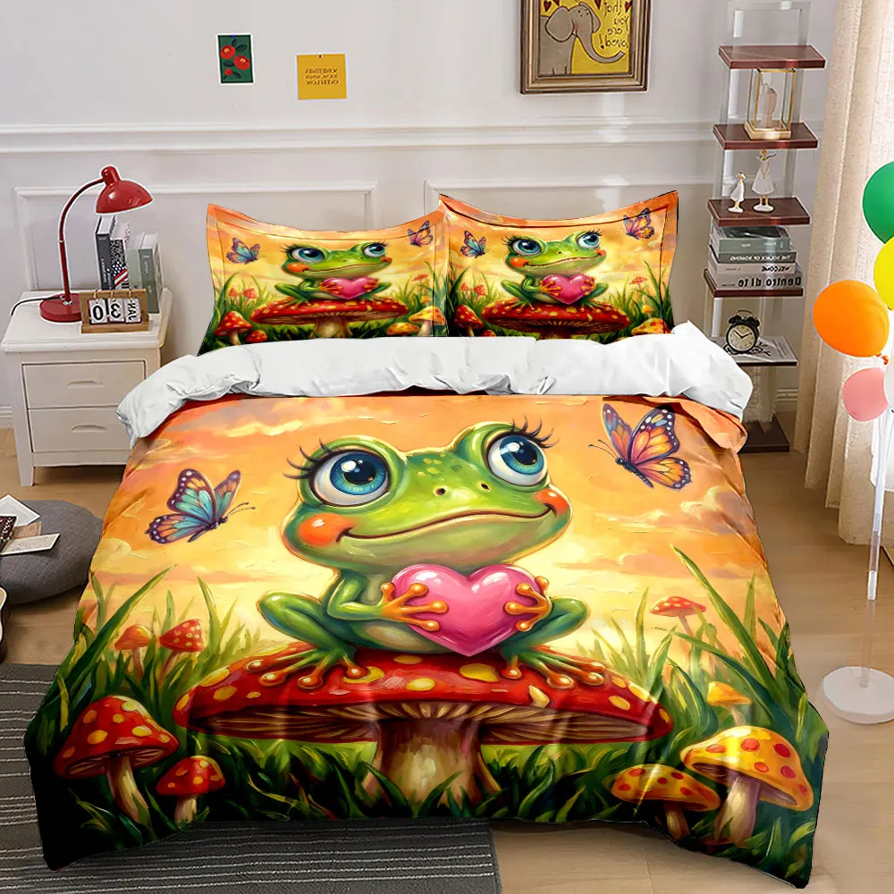 Frog hugs pink heart, mushroom field butterflies Printed Duvet Cover Set 1 Duvet Cover+2 Pillowcase Multi Size Bedroom Decor