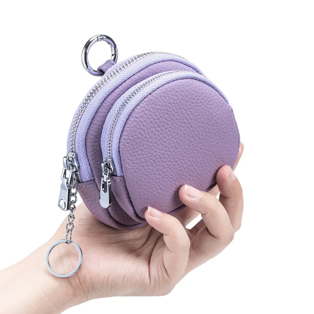Genuine Leather Round Double-Zip Hanging Buckle Keychain Coin Purse - Premium Portable Coin Organizer with Keyring