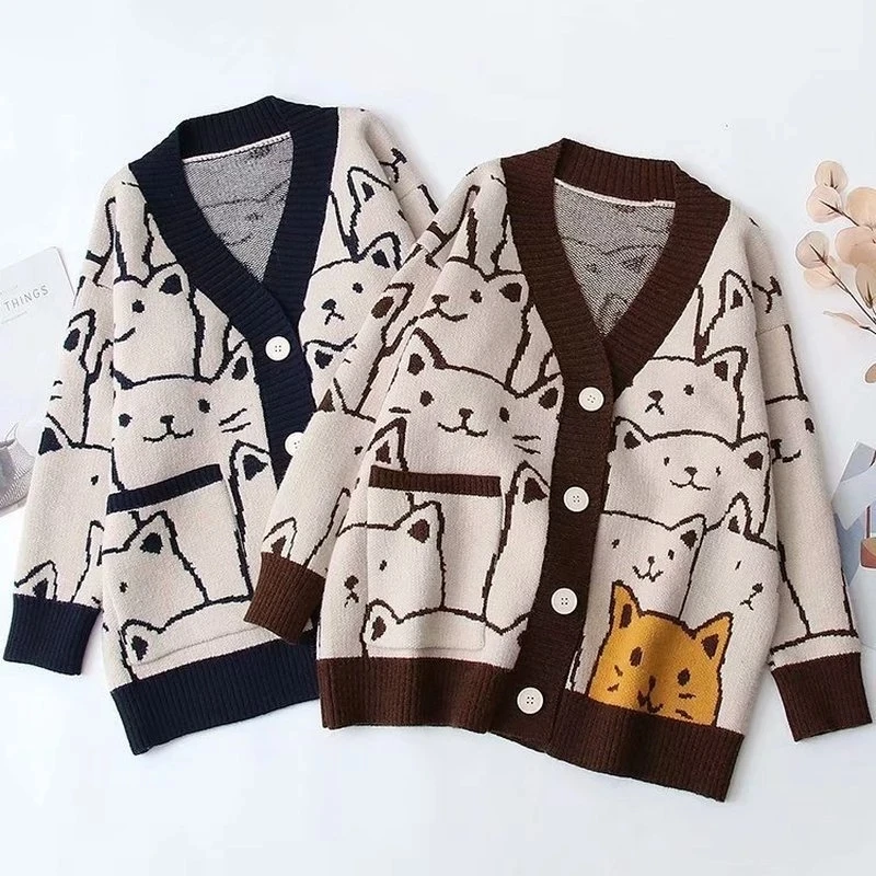 Cartoon Cat Knitted Cardigans Sweater 2024 Spring Autumn Womens Harajuku Sweater Coat O-Neck Long Sleeve Ladies Cardigan Jacket