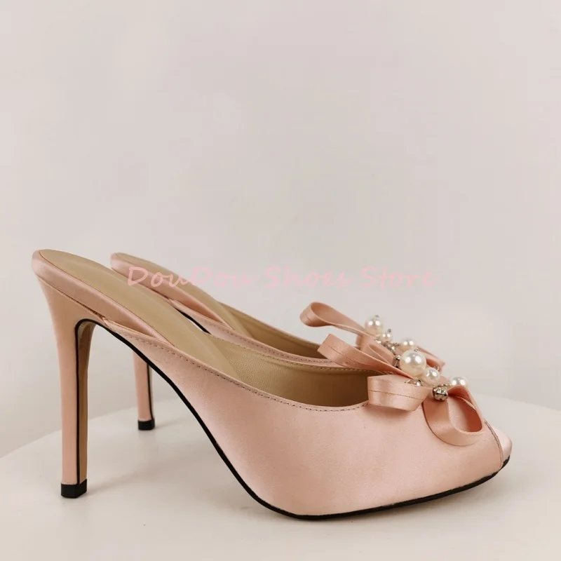 Pink Satin Bow Pearl Rhinestone Decor Mule Slippers Women Peep Toe Slip On Thin Heel Sandals Sexy Wedding Prom Party Dress Shoes view 5