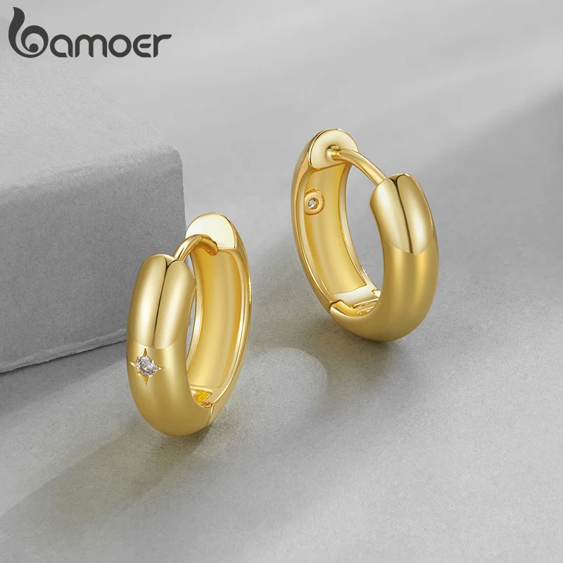 BAMOER Gold Plated 925 Sterling Silver Post Glossy Hoop Earrings Pave CZ, High Polished Trendy Fashion Jewelry for Women Bijoux