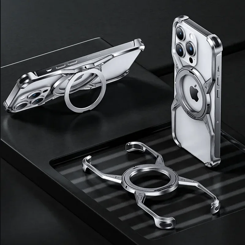 

Luxury 360 Ring Rotation Stand Metal Phone Case For iPhone 16 13 14 15 Pro Max Magsafe Magnetic Rimless Frameless Bumper Cover