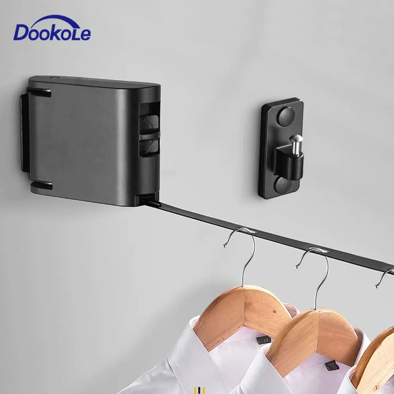 DOOKOLE Retractable Clothesline, Adjustable Clothes Line Retracting Dryer Wall Mount with 34 Windproof Hanging Holes Black