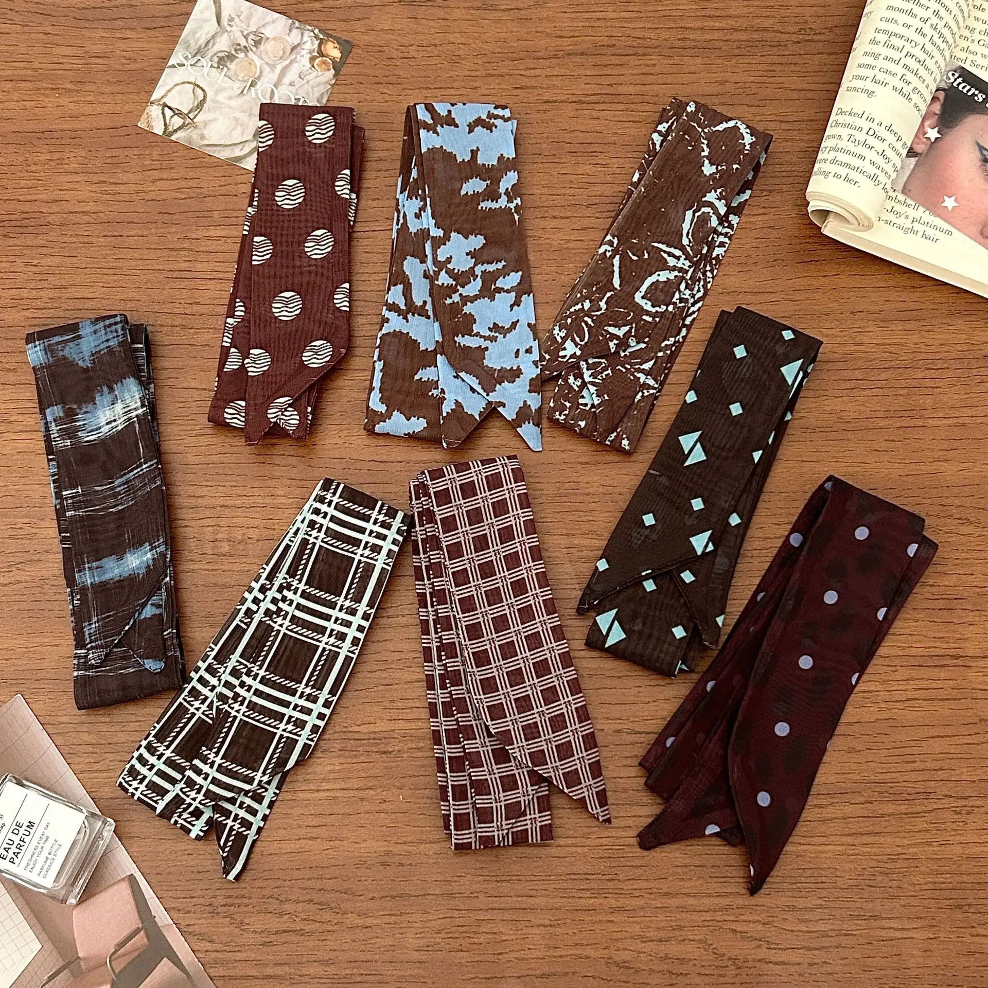 Scarf Chiffon Plaid Floral Retro Long Lightweight Versatile Hair Tie Bag Wrap for Women Daily Party Gift