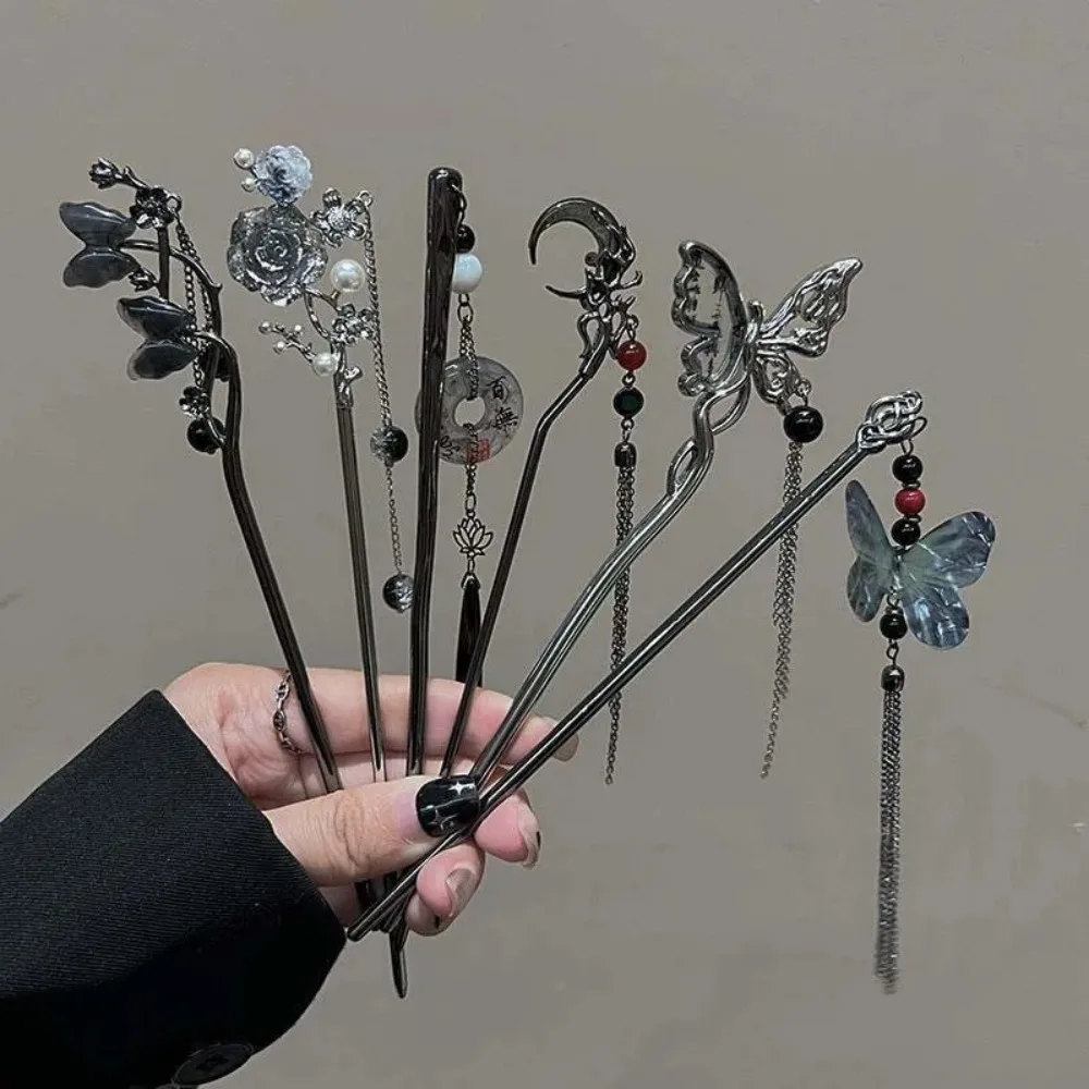 2024 New Chinese Style Tassel Hair Stick Butterfly Flower Vintage Hanfu Chopstick Hair Sticks Metal Durable Hair Accessories