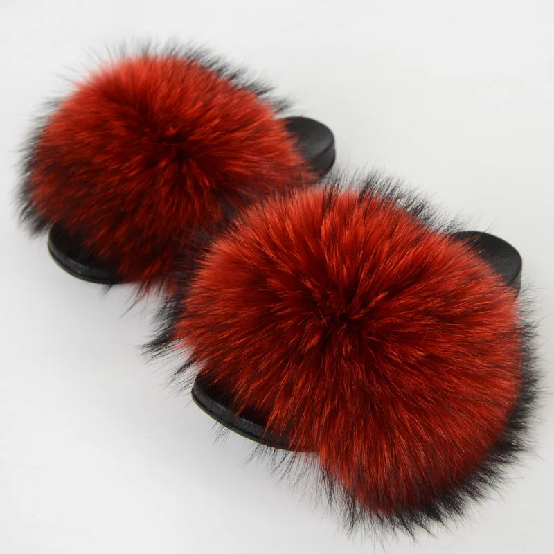 Real Raccoon Fur Slippers Women\'s Summer Fur Slippers Big Size Furry Natural Fur Shoes Beach Plush Sliders Fashion Female Shoes