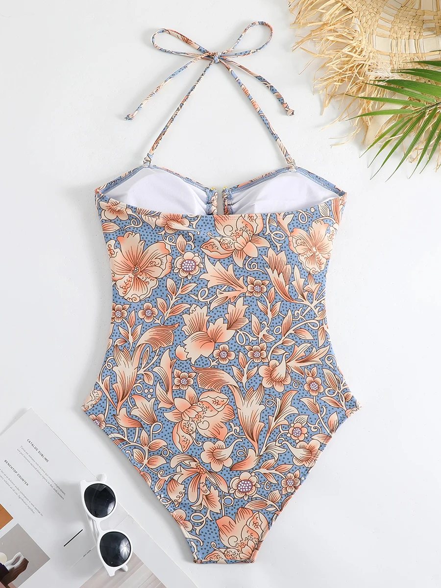 2024 Floral Halter Swimsuit U Neck Monokini Women One Piece Sexy Swimwear Female Beachwear Bathers Bathing Swimming Swim Suit