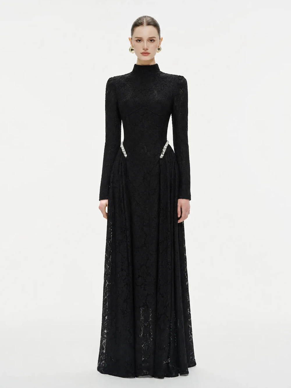 Modphy Vintage Lace Long Sleeve Maxi Dress Women Stand Neck Victorian A Line Wedding Party Gown Elegant Evening Wear