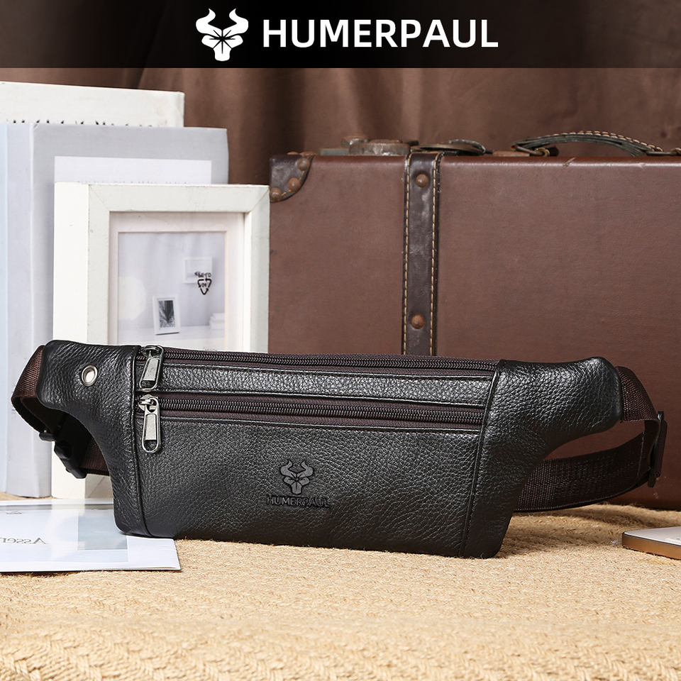  HUMERPAUL Genuine Leather Waist Bags for Men Casual Retro Waist Packs Crossbody Bag for Cell Phone Multifunctional Chest Bag 