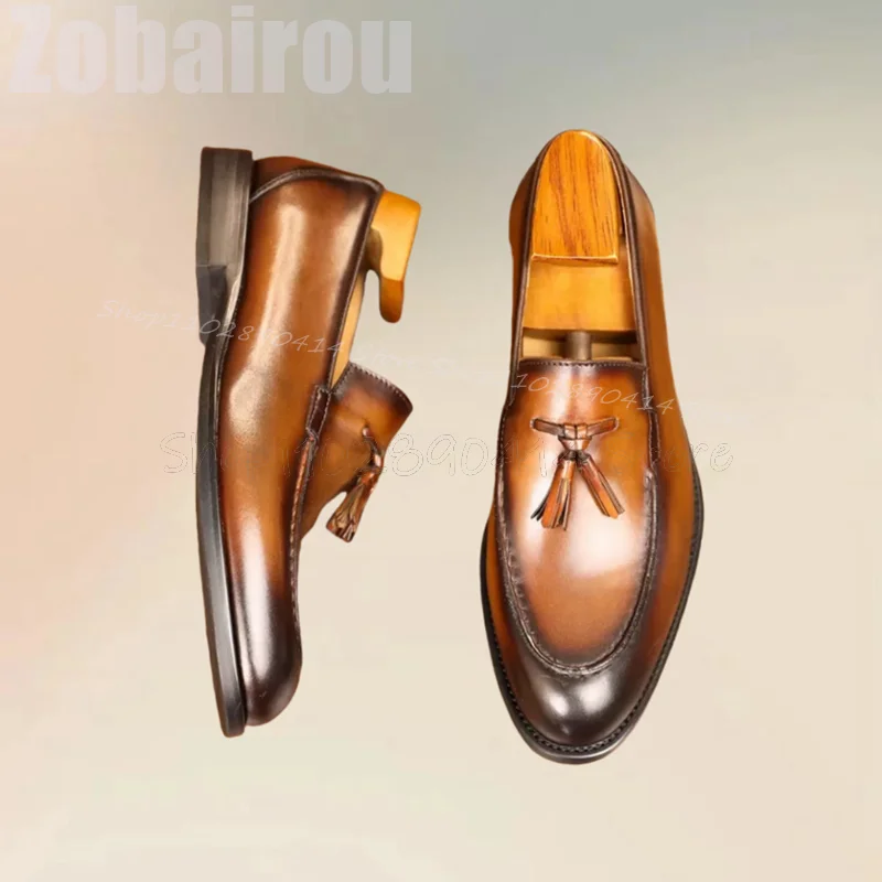 

Brown Sewing Design Tassels Decor Penny Loafers Fashion Slip On Men Shoes Luxury Handmade Party Banquet Office Men Casual Shoes