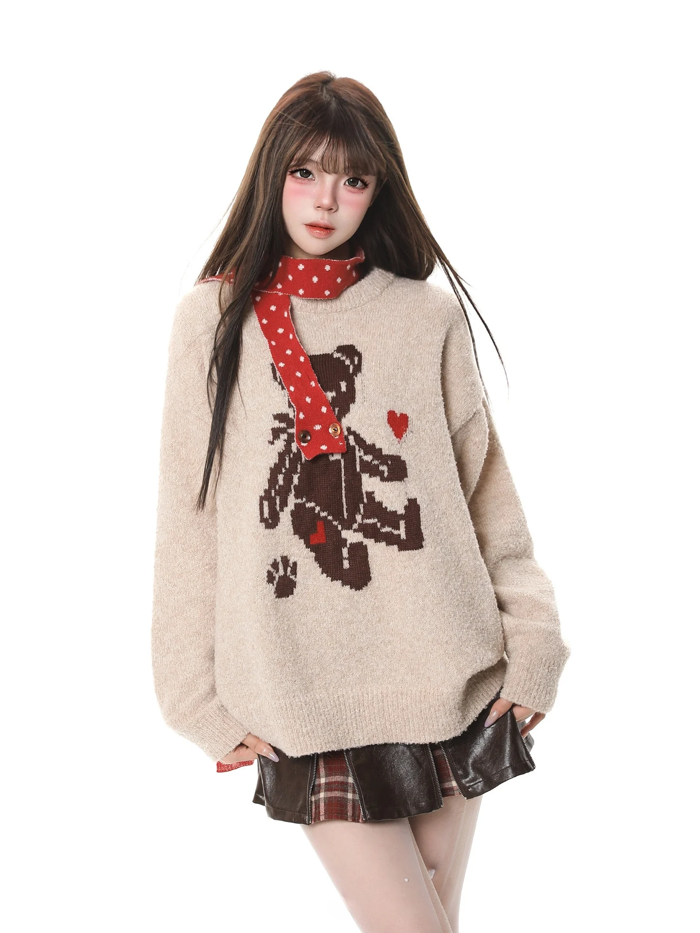 

Sweet Cartoon Bear Pattern Knitted Sweater Women's Winter Loose round Ne Ne Warmer Top Casual Sle Long Sve Knitwear