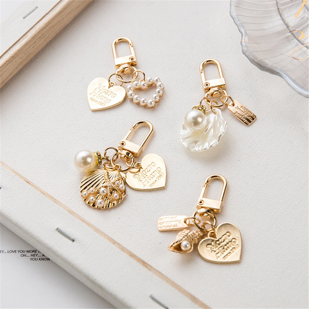 Pearl Keychain with Metal Letter Heart Tags Women Girls Car Bag Charms Cute Gold Color Key Rings Jewelry Accessories