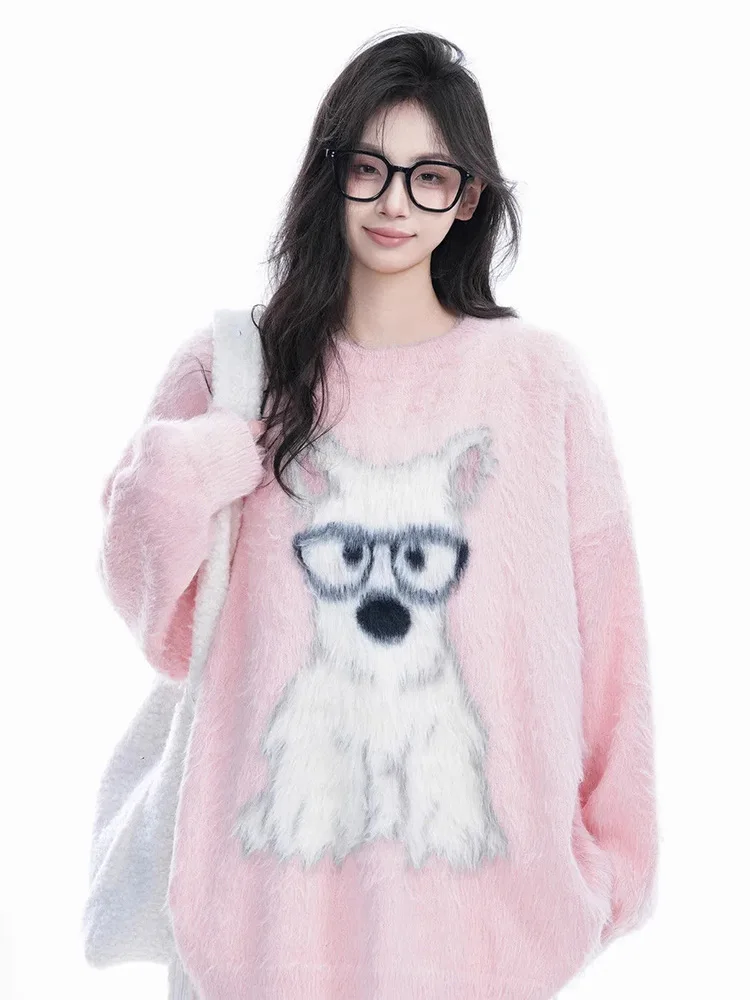 

Pink Sweet Cartoon Sweaters Women Preppy Style Vintage Loose Kawaii Knitted Jumper Lady Faux Mink Cashmere Lazy Wind Cute Tops
