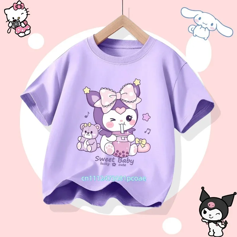 Kuromi Children's Pure Cotton Short-Sleeved Girls' Casual Shirt - Summer T-Shirt with Cartoon Print- Three Little Monkeys Series
