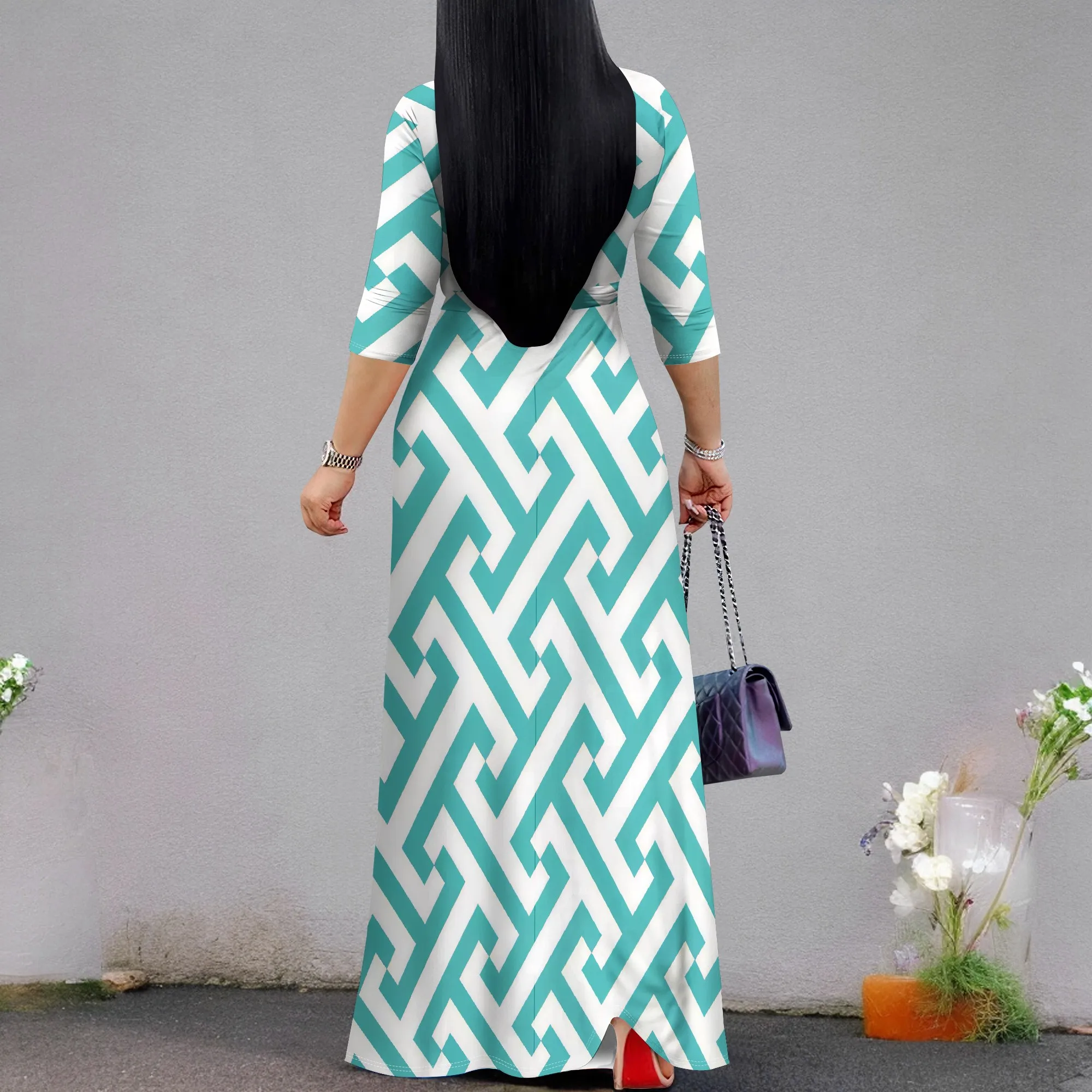 Dames 3/4 mouw V-hals dames met zak en bel lange jurk mode bedrukte split zoom casual geometrische print maxi-jurk