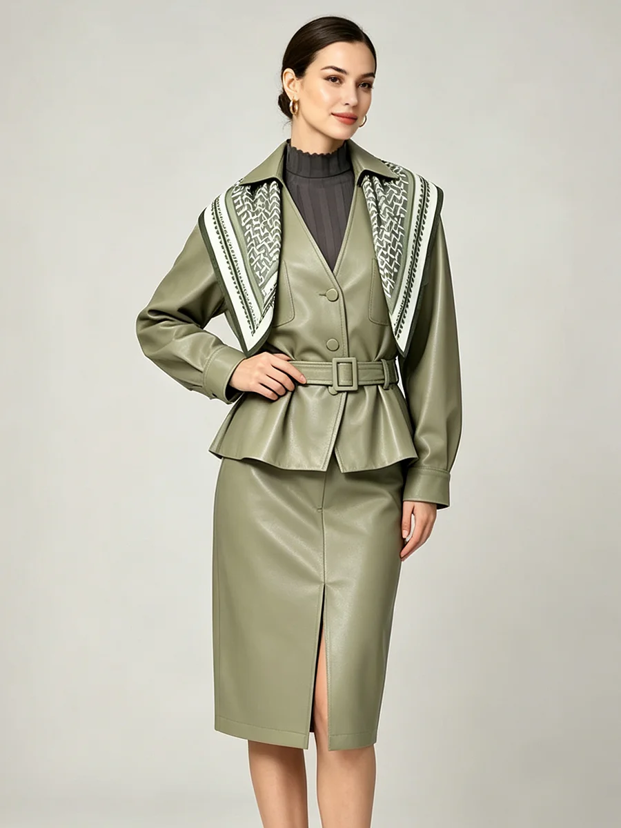 LIMO Women  Faux Leather 2 Piece Set With Printed Scarf Lapel Belted Waist Short Jacket Midi Skirt