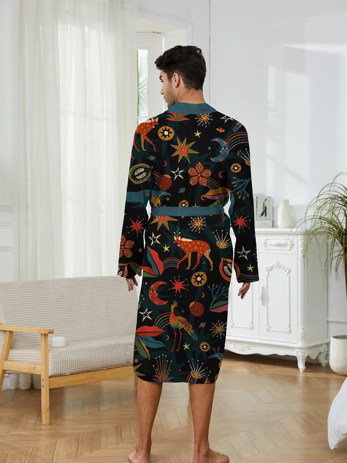 Spring Autumn Men's Long Robes with Digital Printing for Quick Drying, Comfortable and Casual Men's Sleeping Robes for Home Use.