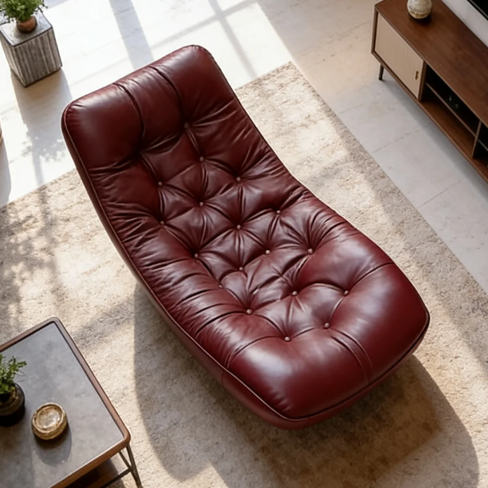 A*-Italian Minimalist Genuine Leather Chaise Longue Ergonomic Swivel Armchair Fireside Seating Home Villa Decor